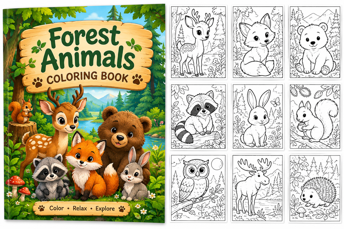 Digital product. Forest animals. Coloring book