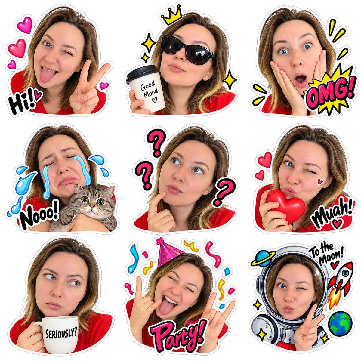 9 Girl Emotion Stickers PNG — Digital Sticker Set