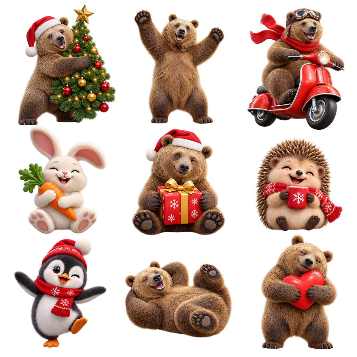 New Year's Stickers PNG — Bear, Hedgehog, Penguin & Hare