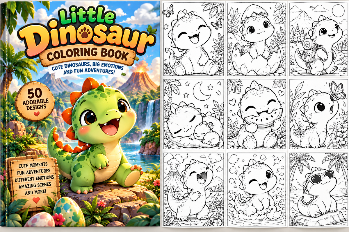 Coloring book: The adventures of a cute dinosaur.