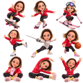 Stickers: A young woman and nine sports.