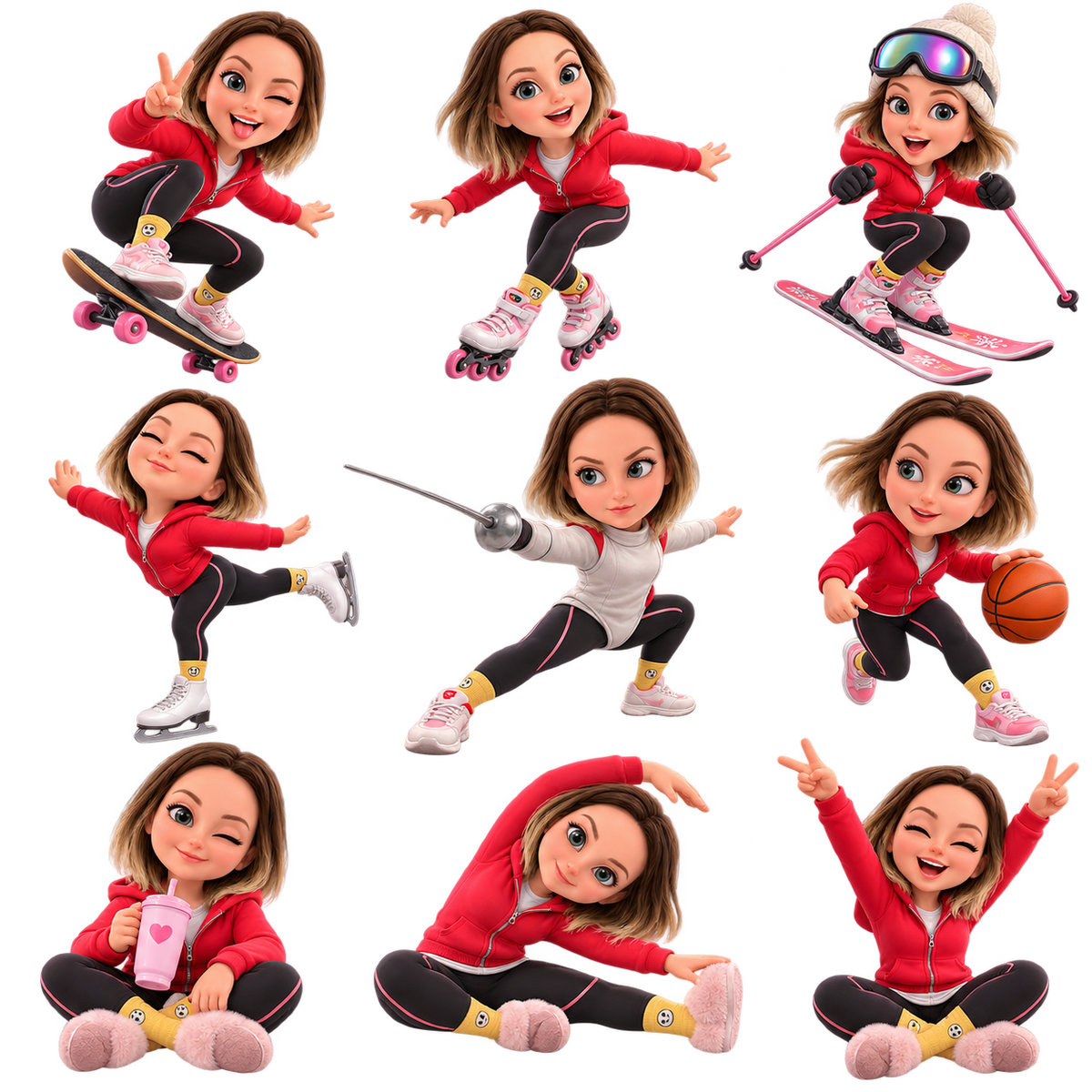 Stickers: A young woman and nine sports.