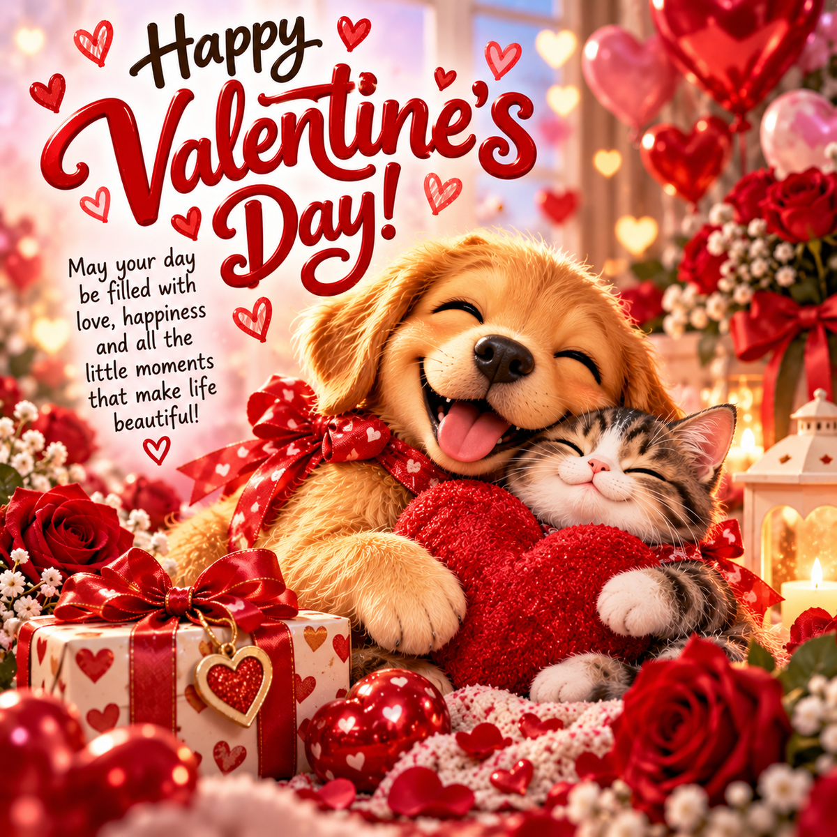 Postcard. A Valentines card with a puppy and a kitten.