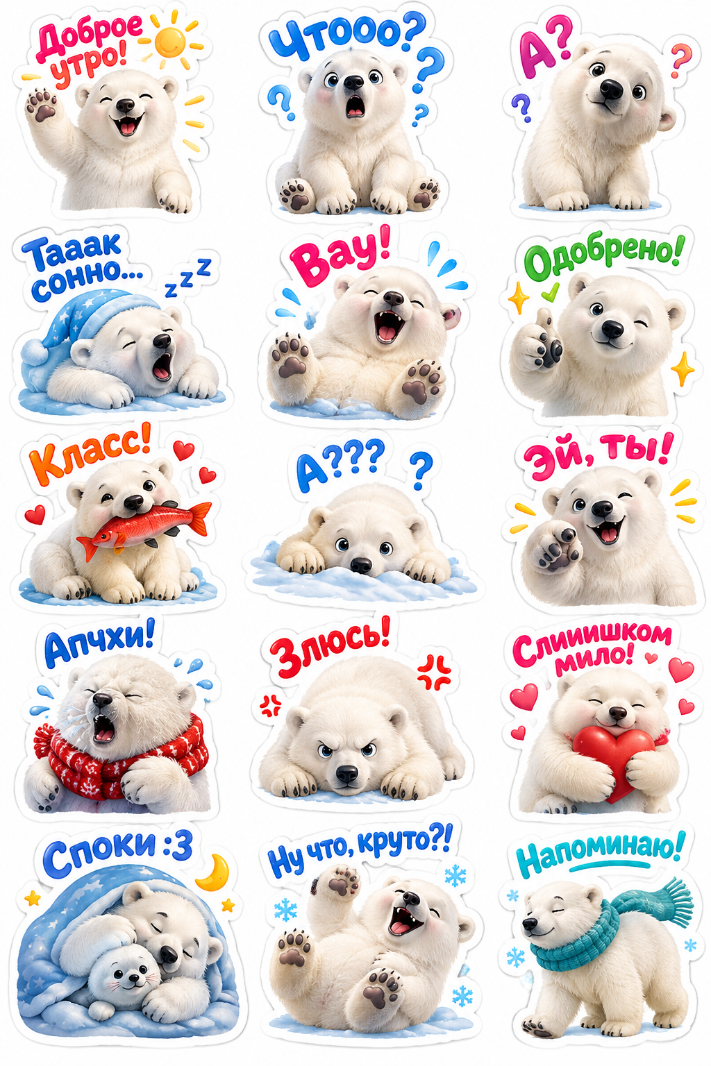 Stickers. Acute polar bear with phrases in Russian.