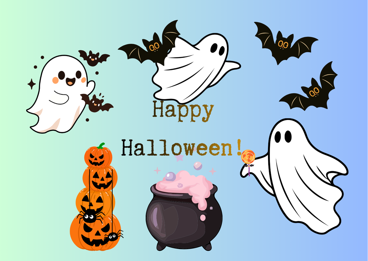 Cute Halloween Ghosts & Pumpkins Printable Postcard