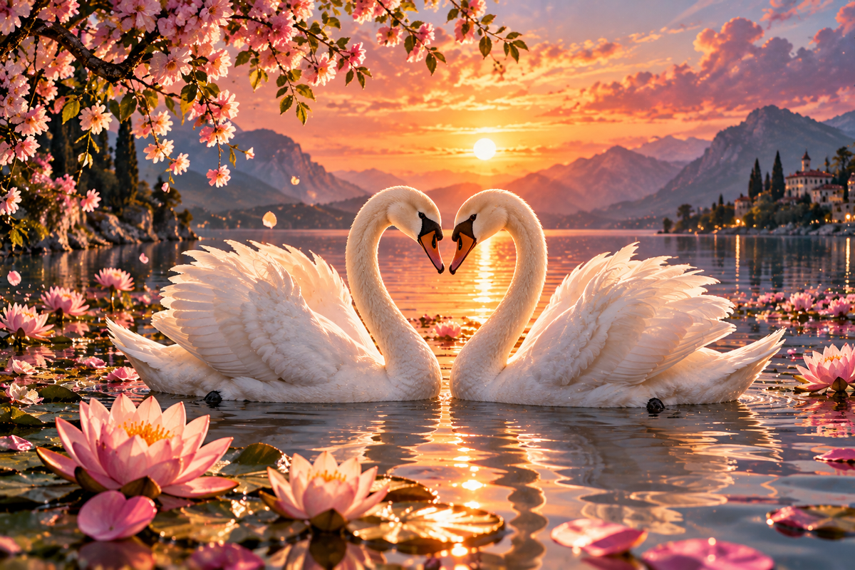 Swan Heart at Sunset — Printable Postcard Art