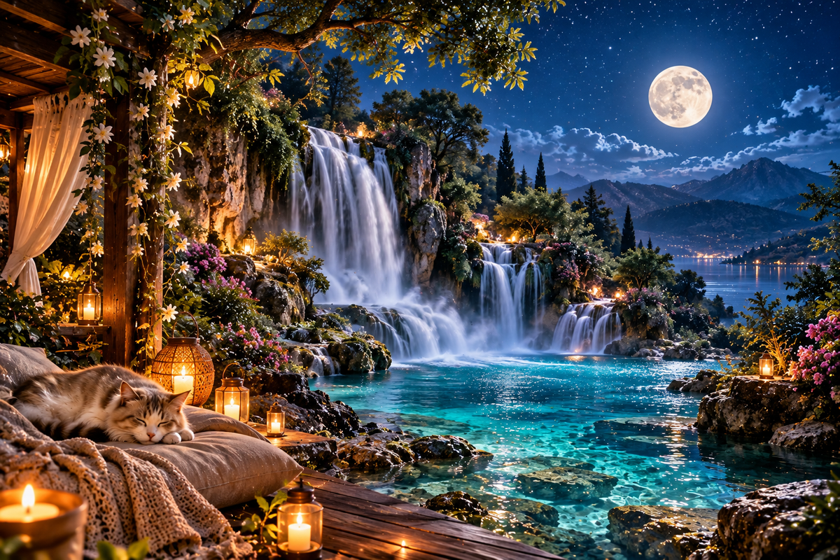Lunar Waterfall & Cozy Terrace — Printable Postcard Art