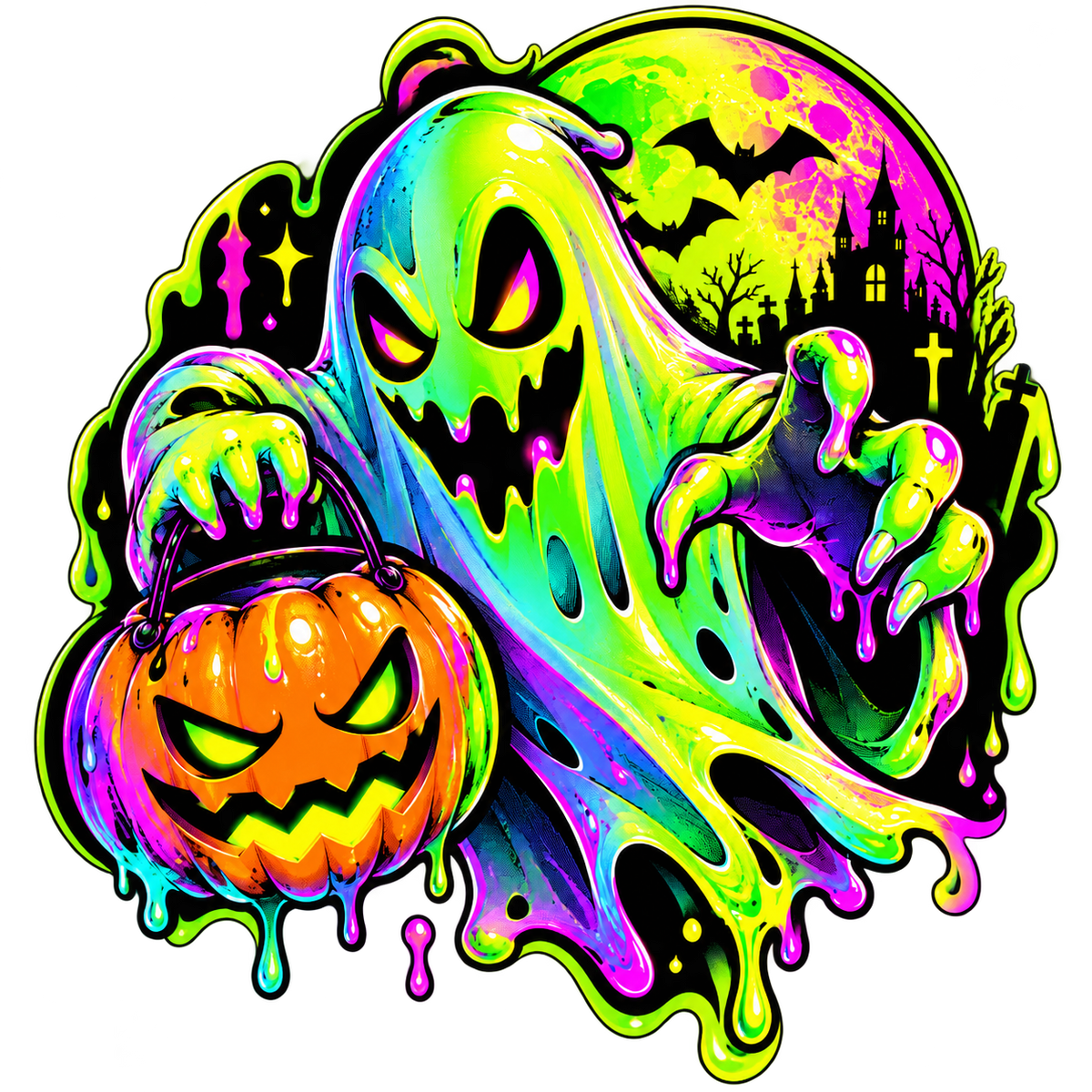 Neon Ghost Pumpkin Lantern Stickers – Printable Digital Download