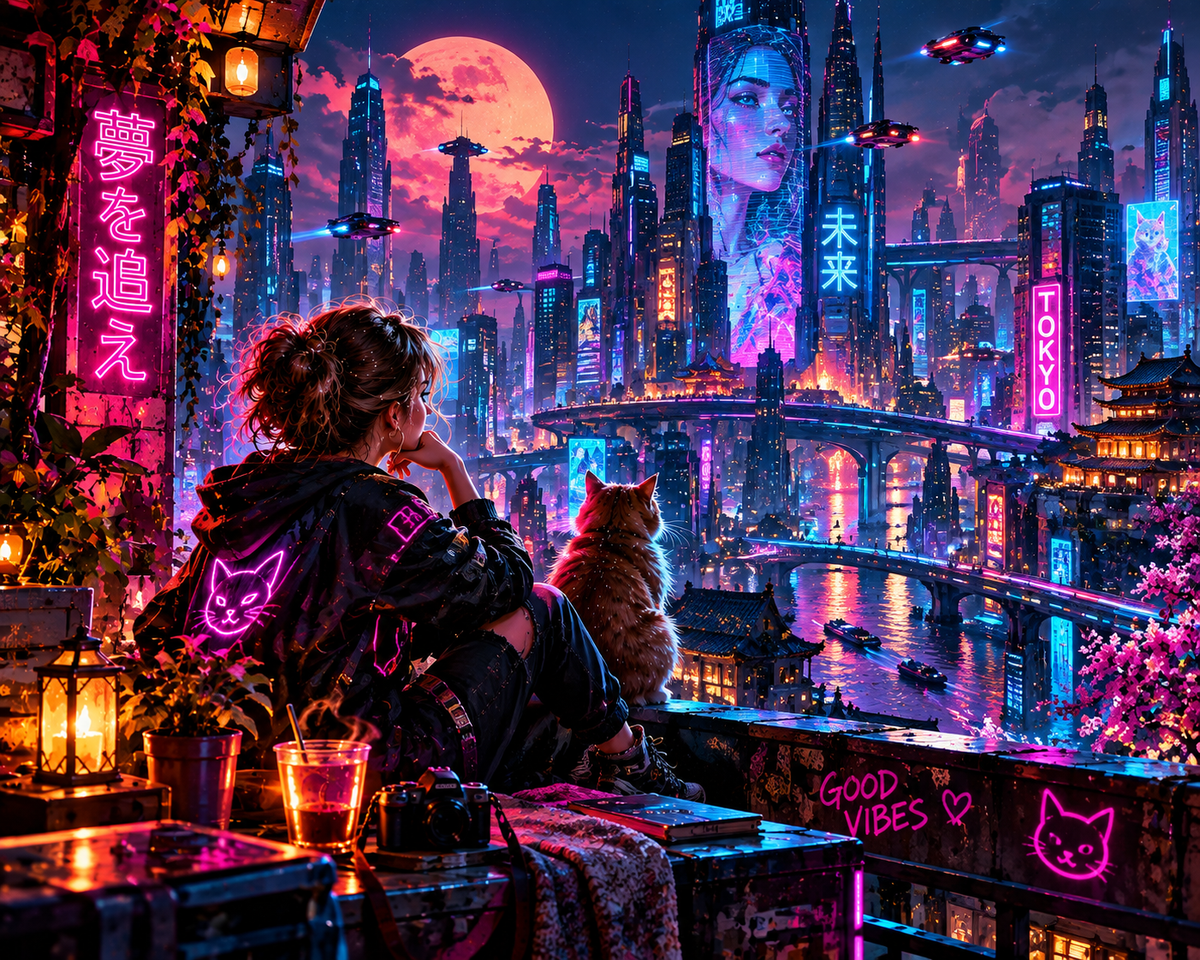 Neon Gaze at the City of the Future — AI Art Printable Postcard