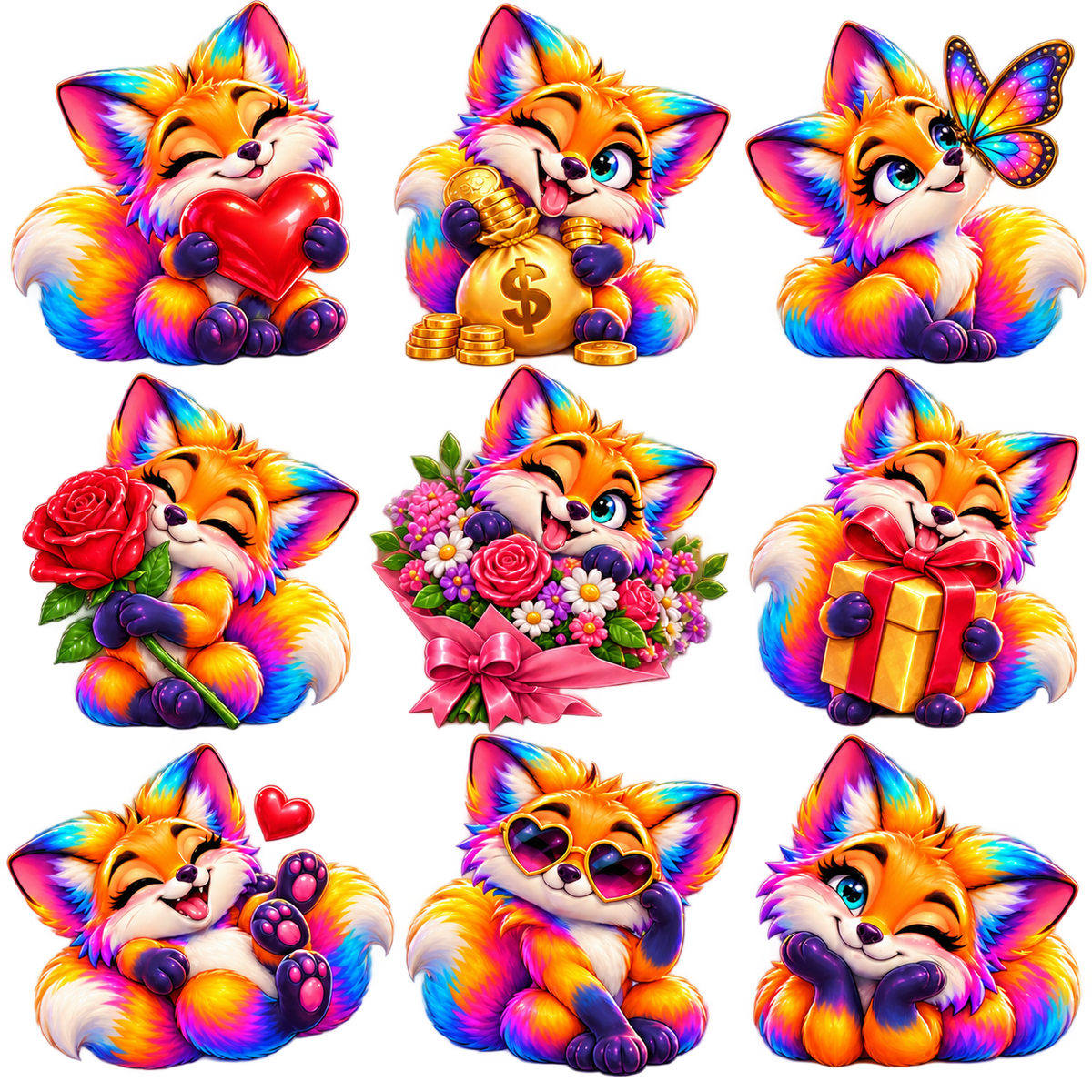Neon Rainbow Fox – Anime Digital Sticker PNG