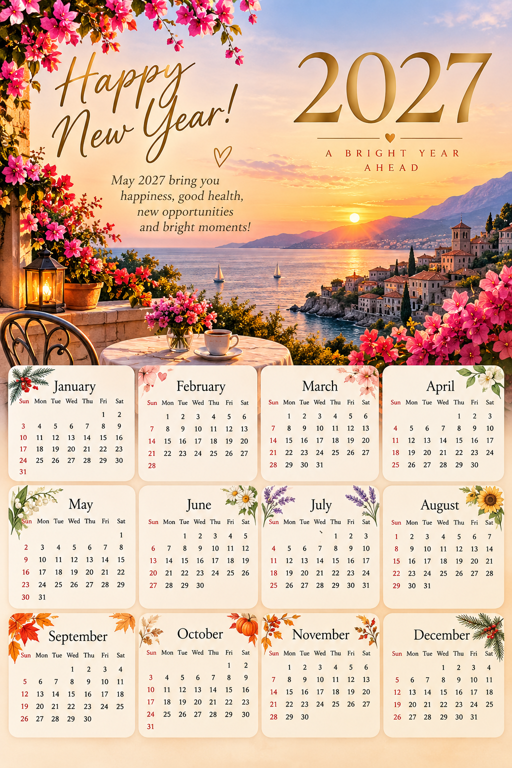 2027 Seaside Sunset Printable Calendar – Floral Terrace