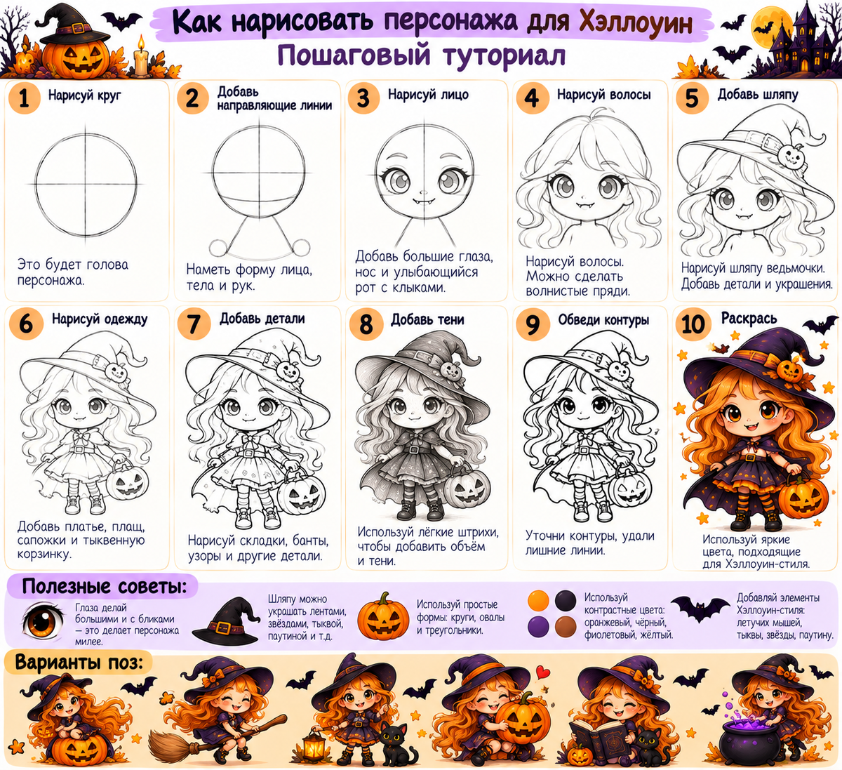 Tutorial on How to Draw a Cute Witch with a Pumpkin