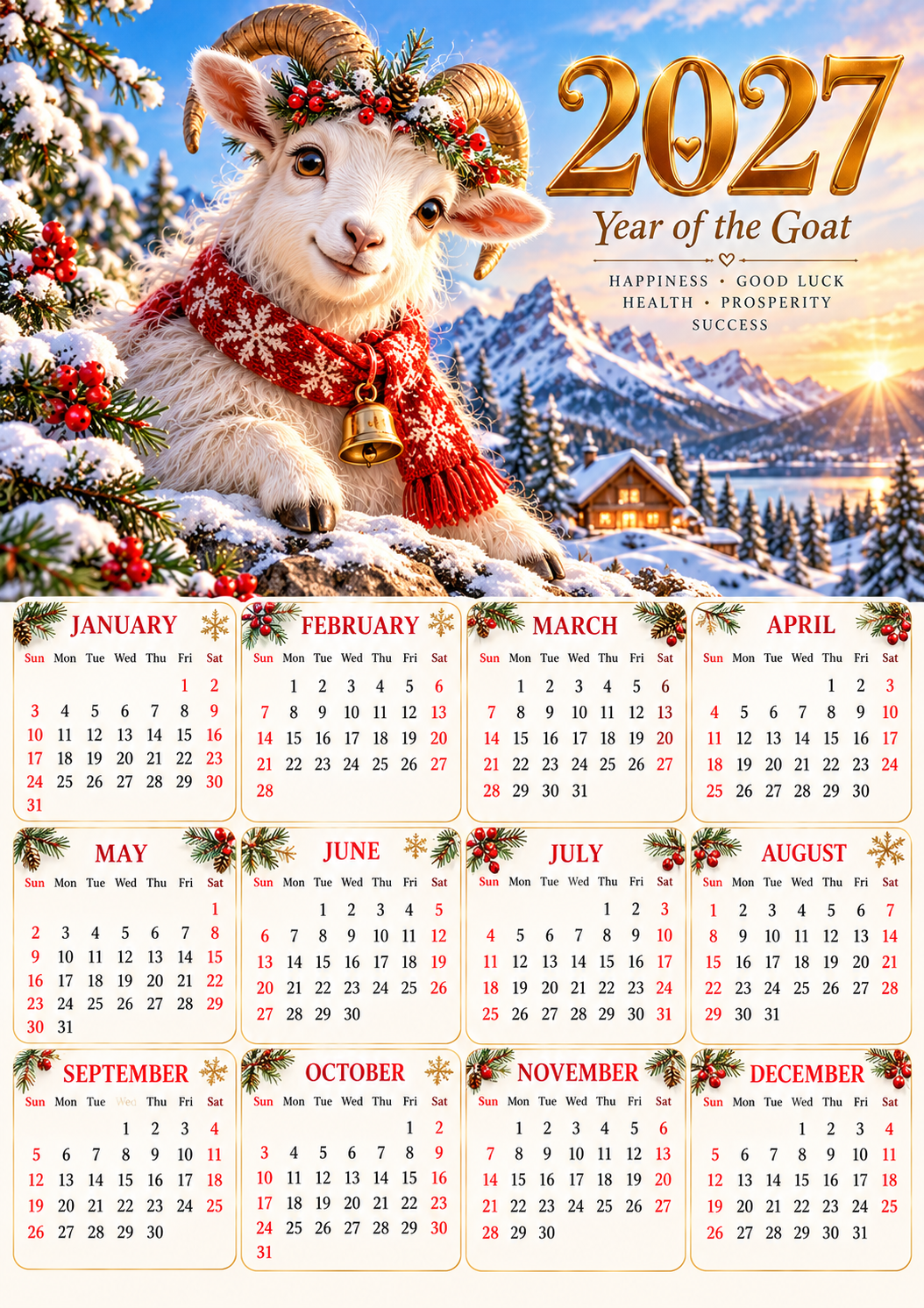 2027 Year of the Goat Printable Calendar – Winter Design