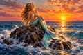 Mermaid at Sunset Among the Waves — AI Art Printable Postcard