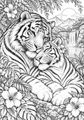 Tigers amidst the jungle and a waterfall. Coloring page.