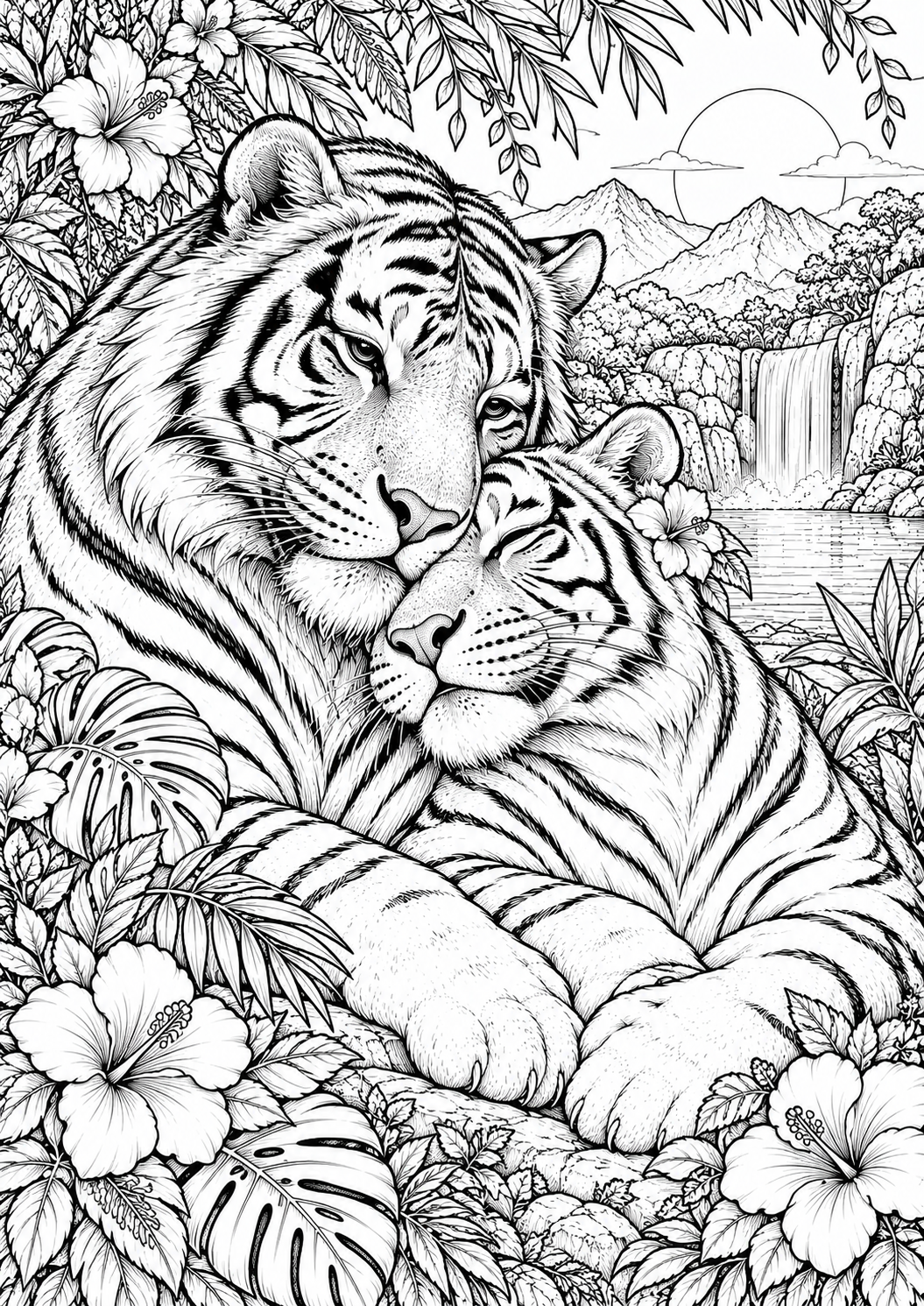 Tigers amidst the jungle and a waterfall. Coloring page.