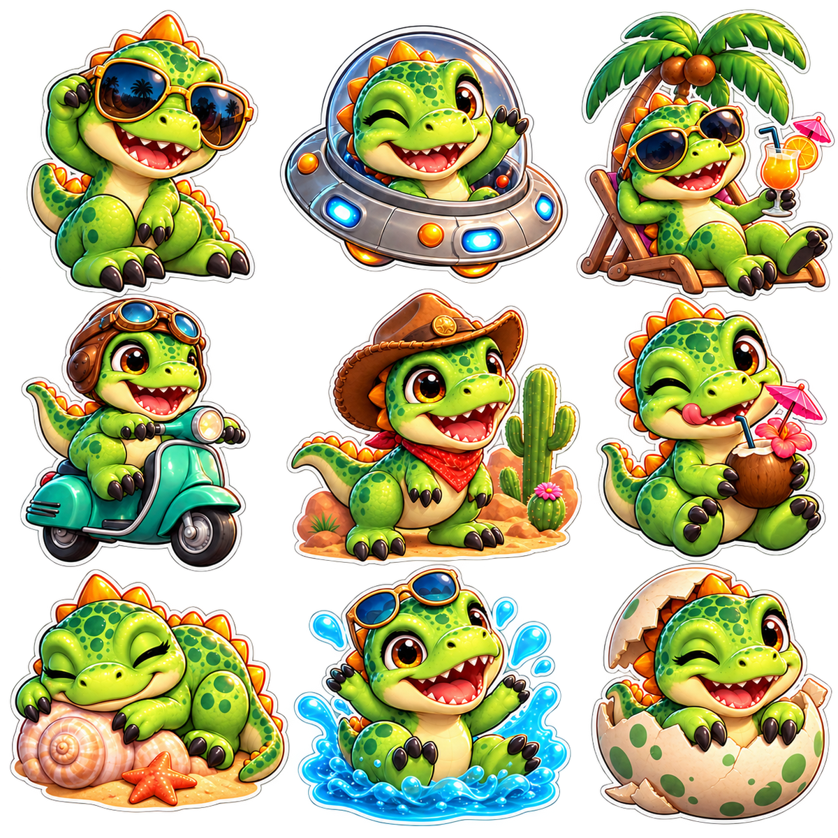 Colorful Dinosaur Stickers — Anime-Style Transparent PNG